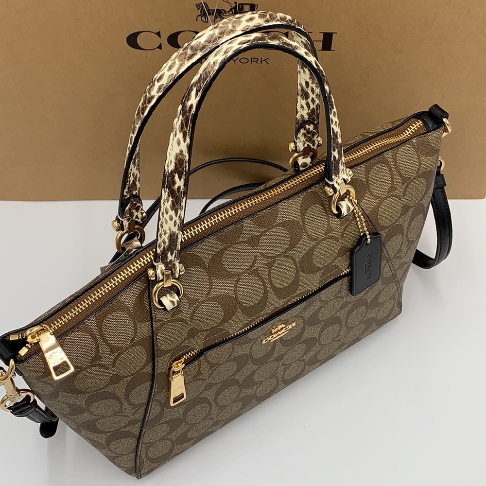 COACH Prairie Satchel / Shoulder In Colorblock Signature Canvas Khaki/Black NWT - Picture 4 of 16
